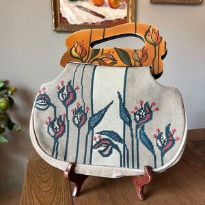 Vtg Patricia Smith Moon Bags Needlepoint Floral‎ Bohemian Art Beaded Leather